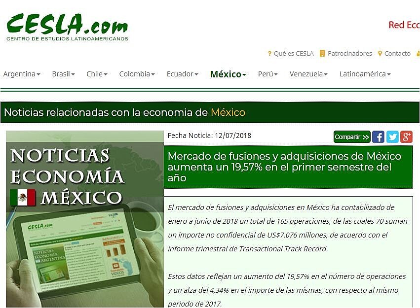 Mercado de fusiones y adquisiciones de Mxico aumenta un 19,57% en el primer semestre del ao